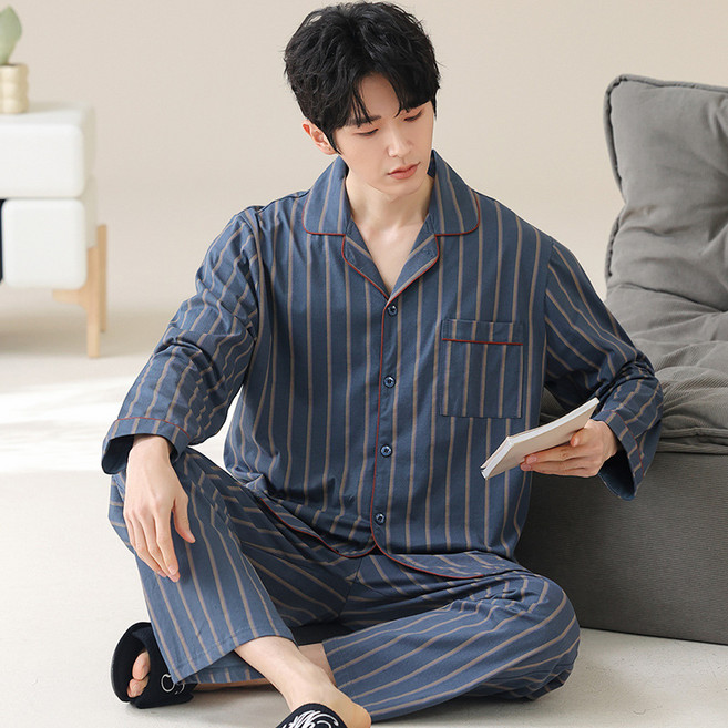 ANYOU 남성용 사계절 순면 잠옷 쾌적 소프트 파자마 루즈핏 긴팔카라 수면 잠옷 홈웨어 세트