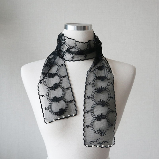 진주 플라워 자수 망사 레이스 타이 롱 스카프 2color