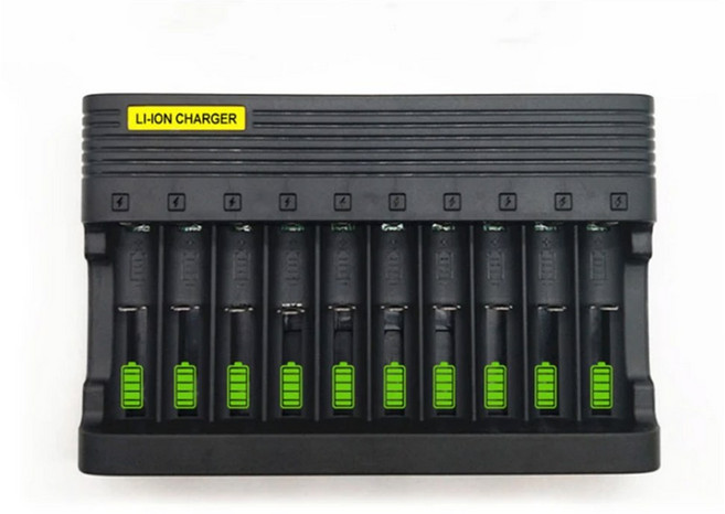 18650 리튬 배터리 충전기 이온 충전식 배터리용 범용 10 슬롯 26650 16340 18500 10440 18350 17670, Black, 1개