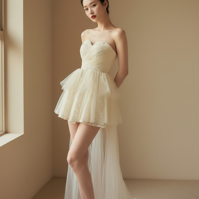 히또리 X3350 셀프 웨딩 하트탑 레이스 에이라인 미니 드레스