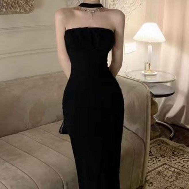 아이엠몽 여성 초커넥 홀터 백오픈 리본 롱 원피스