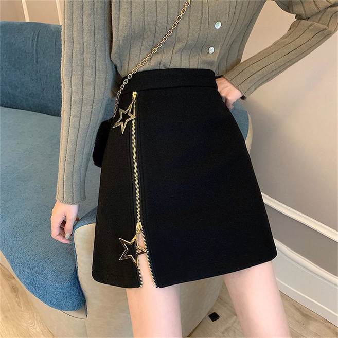 TKX 여성 모직 미니스커트 가을 겨울 코디 필수템 별 지퍼 장식 A라인 스판 KY97