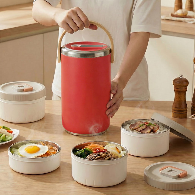 마술사 대용량 스텐 보온도시락 분리형 전자레인지 도시락, 1세트, 3400ML 4단 레드