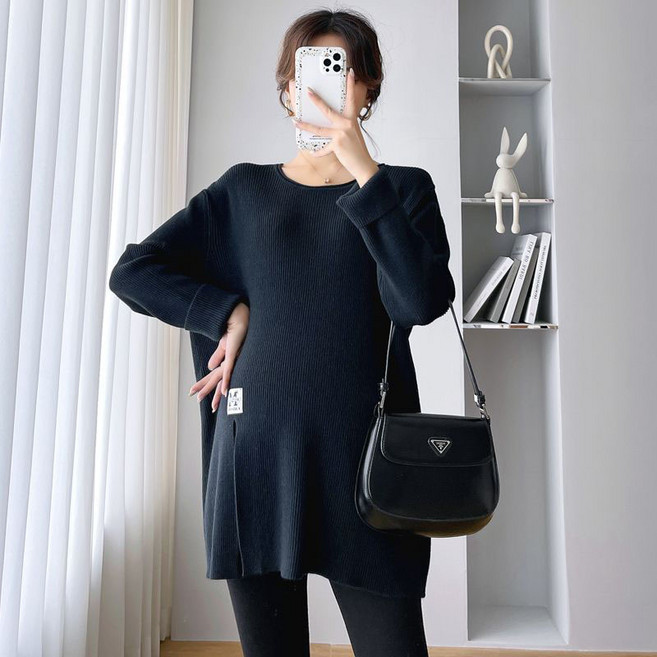 봄 임산부 외출복 빅사이즈 임산부 니트 라운드넥 임부 트임 롱티 캐주얼 임부복 긴소매 상의 YSQ