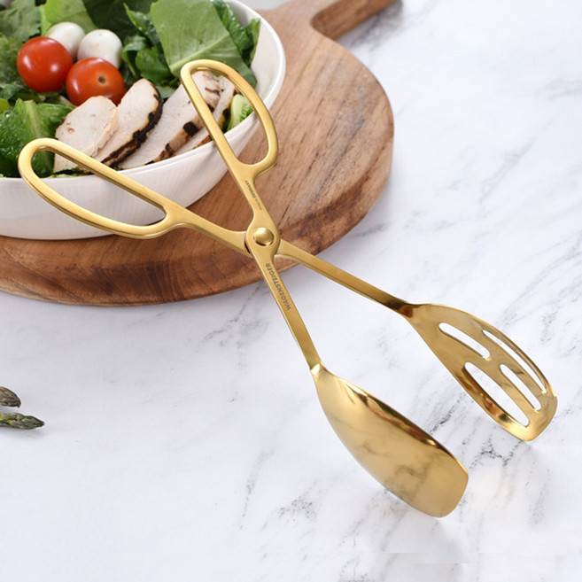골드 티타늄 샐러드집게 가위형 / SUS304 숟가락포크 집게 샐러드 열탕소독 빵집게, 1개
