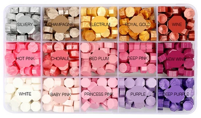 걸스코코 실링왁스 비즈왁스 씰링 케이스세트 청첩장 포장꾸미기 DIY키트, 1세트, 15종(핑크퍼플) - 쿠팡