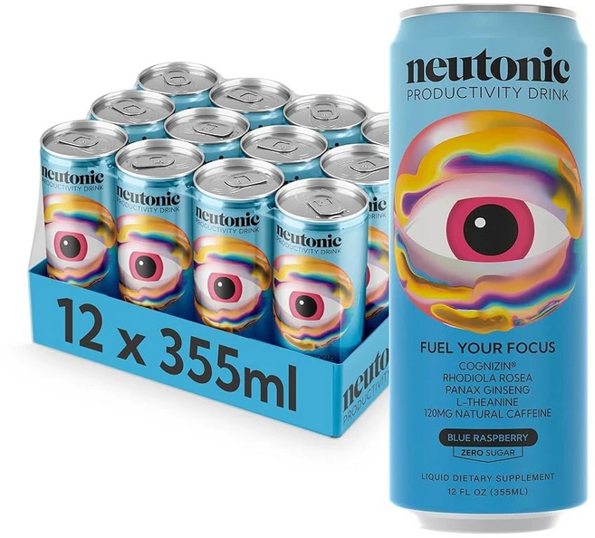 Neutonic Nootropic Productivity 에너지 드링크 | 블루 라즈베리 12캔 120mg 천연 카페인 무설탕 기억력 정신적 선명도 인지 기능 지원 집중력, Blue Raspberry, 355ml - 쿠팡