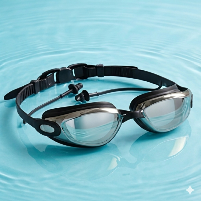 베리움 김서림방지 귀마개 일체형 수경, 블랙, 1개