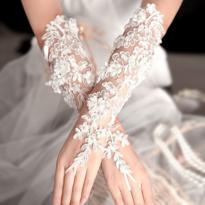 진주꽃 핑거리스 시스루 토시 망사 손등토시 팔토시 웨딩 장갑 레이스 토시 쉬폰, 1세트, 작은꽃잎