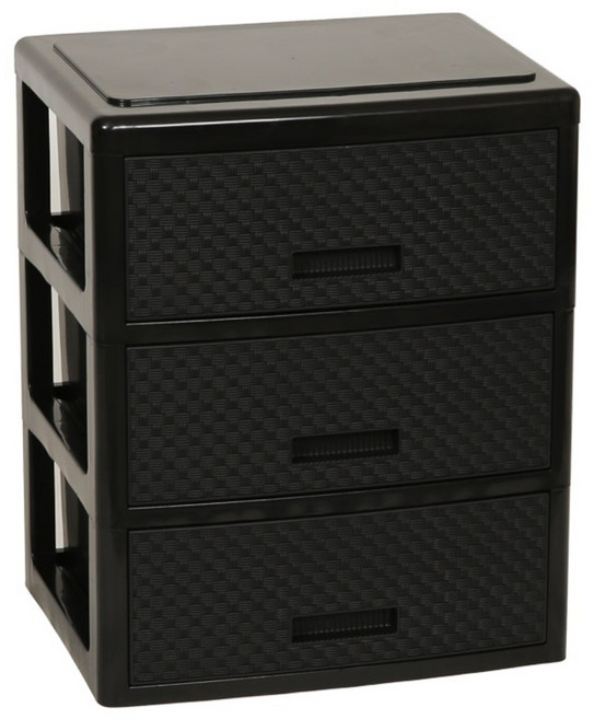 4536 3단 라탄 서랍장 플라스틱서랍장 수납장, 블랙