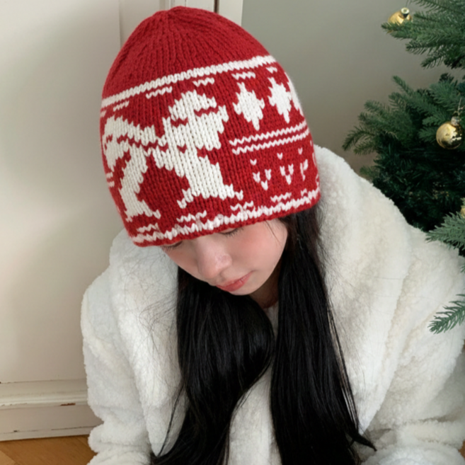 블루씨티 리본 노르딕 패턴 니트 겨울 비니 모자