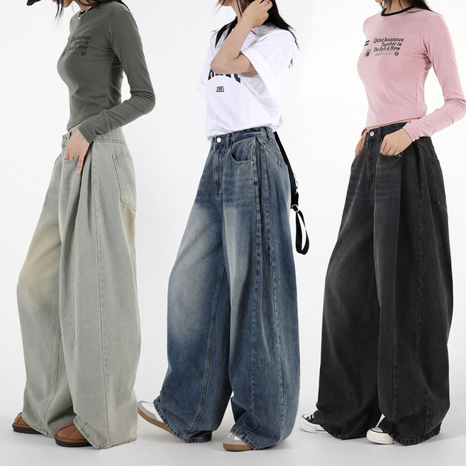 오버나인 여자 여성 와이드핏 벌룬 데님 워싱 핀턱 팬츠 청바지