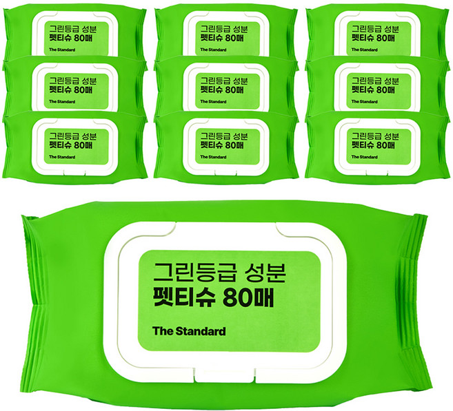 더스탠다드 그린등급성분 안심 저자극 원터치캡 펫티슈 80매, 1개, 10개입