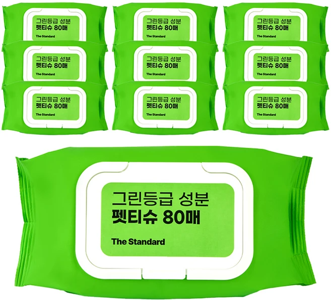 더스탠다드 그린등급성분 안심 저자극 원터치캡 펫티슈 80매, 1개, 10개입 - 쿠팡