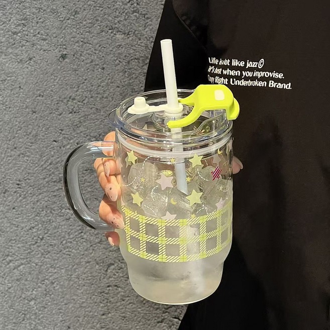 AURALA 고붕규산 유리컵 대용량 러블리 물컵 빨대 포함 사무실 컵 휴대용 손잡이형, 1개, 800ml, 그린