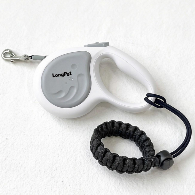 롱펫 고급형 강아지 자동리드줄 360도 꼬임방지 + 이탈방지 손목밴드 세트, 화이트, 1개