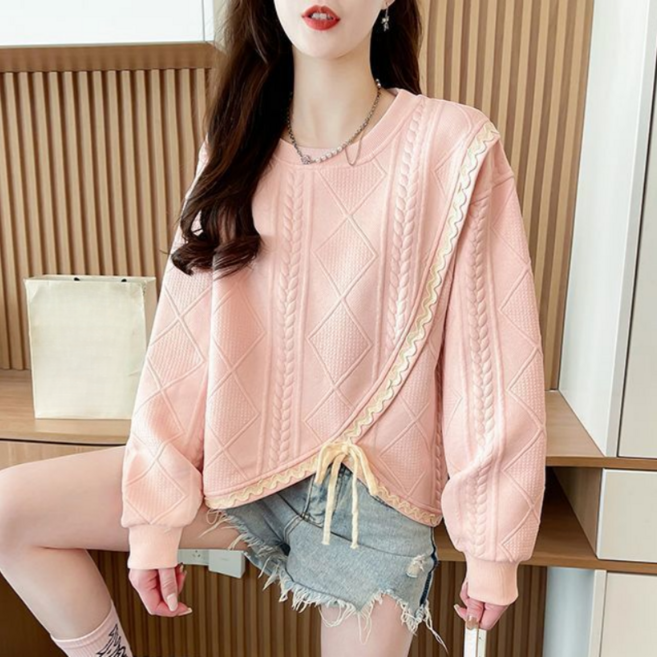 Makone 여성 라운드넥 자카르 언발란스 끈와펜 캐주얼 트랜드 루즈핏 맨투맨