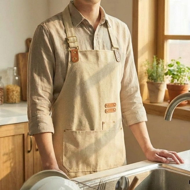 포니홈 예쁜 캔버스 방수 앞치마 카페 주방, 1개, 베이지