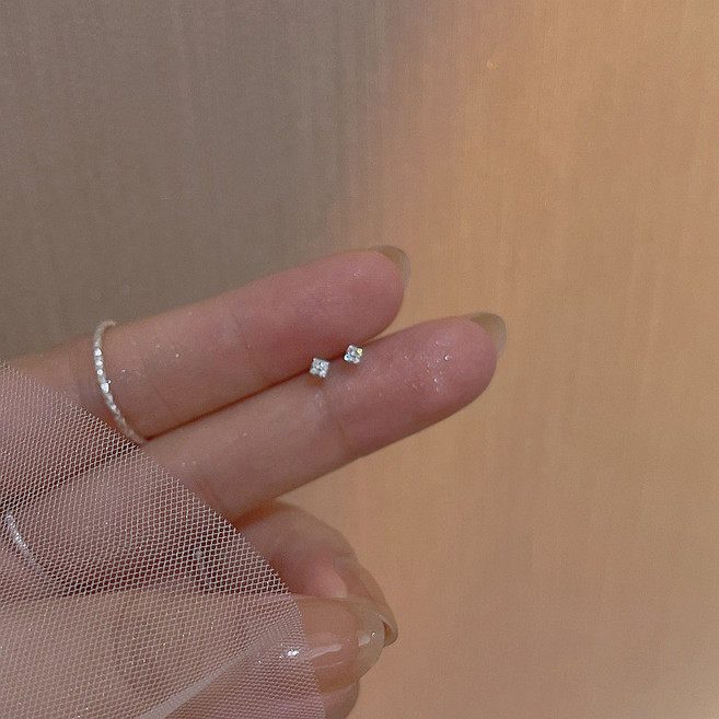 DFMEI S999純銀迷你方形鋯石耳釘女小巧設計感養耳洞耳飾睡覺不用摘
