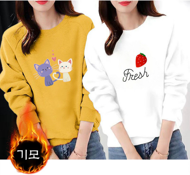 1+1 여성 긴팔 기모 티셔츠 가을 겨울 루즈핏 긴팔티 상의 캐주얼 도톰 보온 맨투맨 기질 라운드 맨투맨 티셔츠 CY