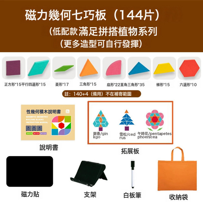 DFMEI 七巧板磁力拼圖木質創意百變磁性幾何積木兒童益智早教小玩具, 1個, 144粒磁力積木拼圖袋裝:如圖