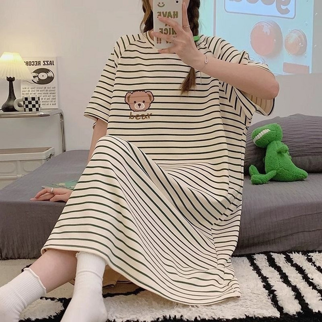 Asure 여성 귀여운 곰돌이 캐릭터 스트라이프 오버핏 원피스 잠옷