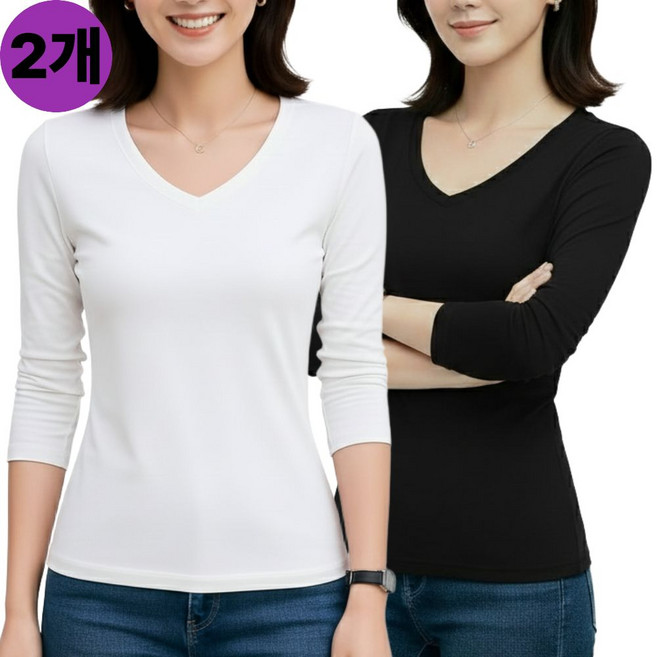 [빠른토끼] 1+1 여성 슬림 브이넥 긴팔 티셔츠 기본 이너 스판