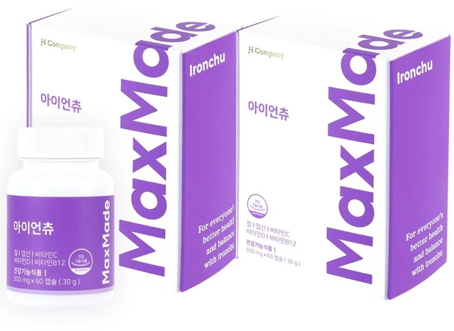 맥스메이드 아이언츄 어린이 철분제 비헴철 철분 엽산 비타민C 젤리 츄어블 4개월, 60정, 2박스 - 쿠팡