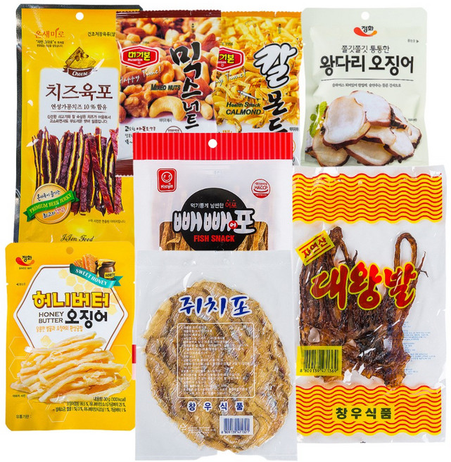 간편마른안주 8종세트 업소용 소포장 건어물 오징어 쥐포 믹스견과 매콤 버터맛, 1개