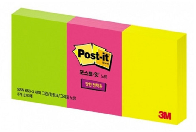 포스트잇 쓰리엠 강한점착용 재점착 형광 노트 270매 x 3색 세트 653-3, 그리움노랑, 핫핑크, 새싹그린, 270개입, 7세트