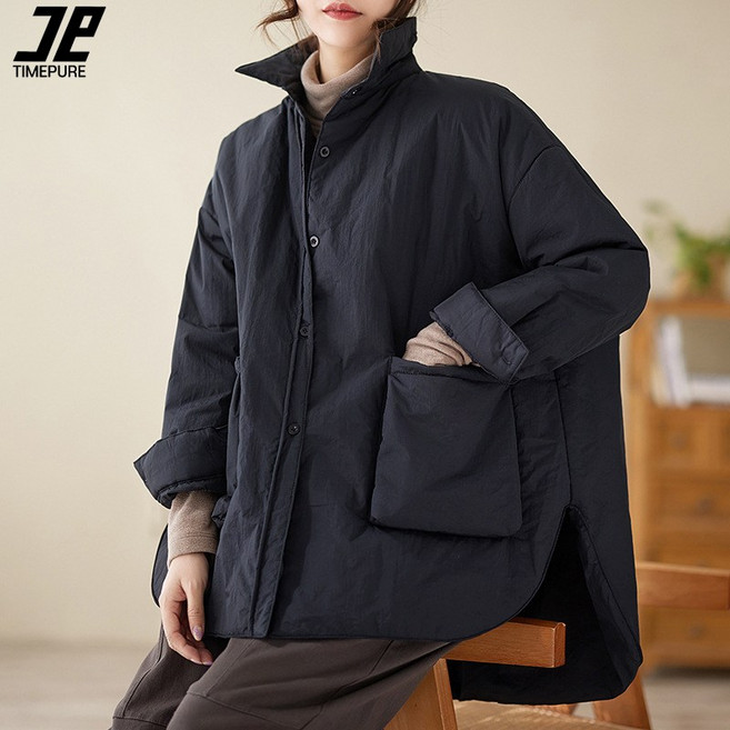 TIMEPURE 여성 오버핏 빈티지 카라 경량 패딩 잠바 도톰 빅사이즈 겨울 패딩자켓 빅포켓 아우터 따뜻함 보온 편한 하프패딩