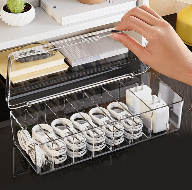 보냄 투명 칸막이 케이블 정리함 (뚜껑형) 전선정리 이어폰 USB, 1개