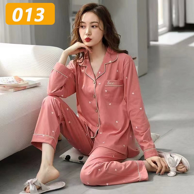 예니브 여성 100% 순면 잠옷 세트 가을 봄 심플 긴팔 홈웨어 사계절 칼라 파자마