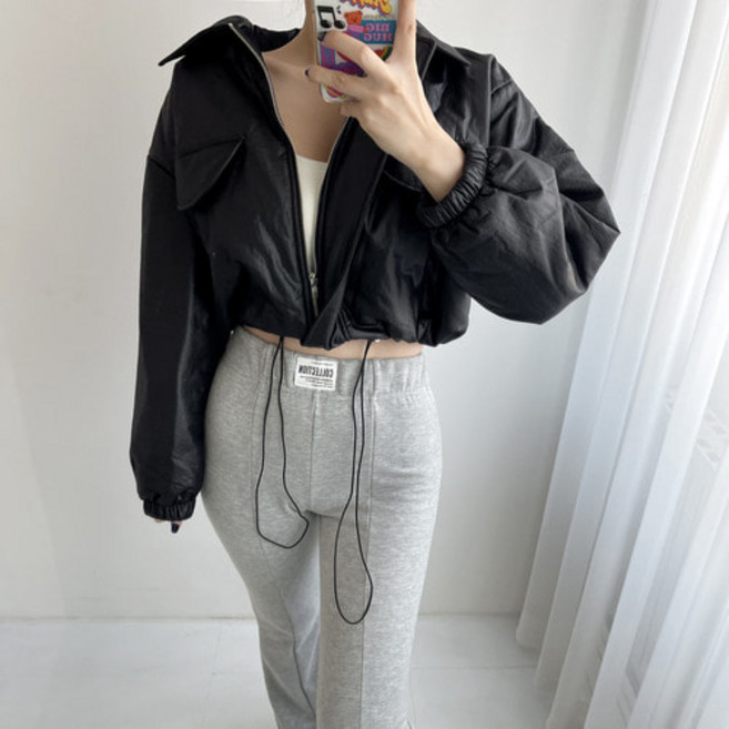 무광 코팅 크롭 루즈핏 허리스트링 카라넥 점퍼 4컬러