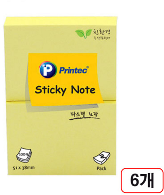 프린텍)스티키노트 파스텔(51x38mm/100매), 6개, 노랑(5138Y)