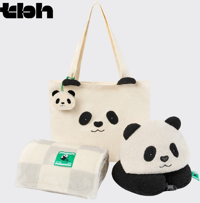 [tbh] PANDA POMPOM 여행용 목베개 기내용 휴식 담요 에코백 3종 세트, 화이트