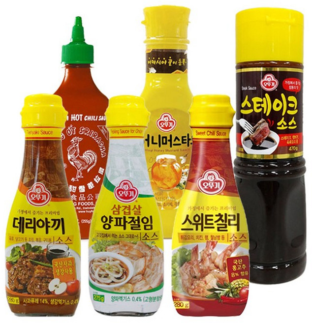 육류소스 6종 후이펑(스리라차255g) + 오뚜기(칠리소스280 데리야끼 280g 양파절임소스275g 스테이크소스470g 허니머스터드265g), 1세트