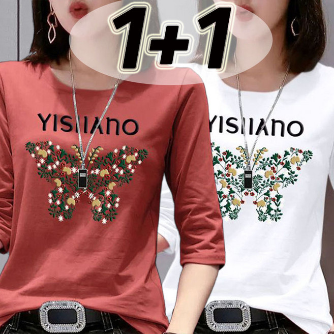 JUSTFEELING 초가을 면 7부 티셔츠 나비 예쁜 티셔츠 1+1 데일리 편안한 라운드넥 간절기 상의 여성용