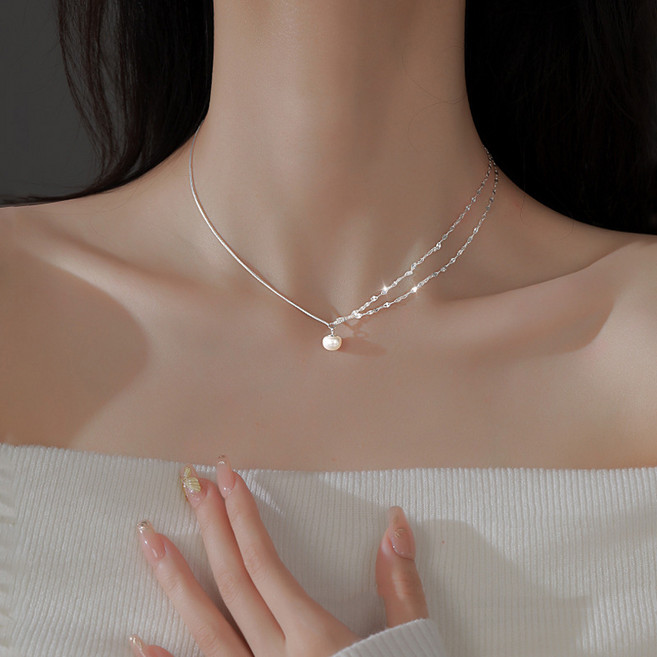 홍시마켓 여성용 진주 한쪽만 이중 레이어드 목걸이