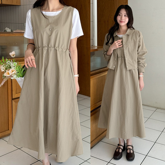 데일리앤 소버 바스락 자켓 A라인 민소매 스트링 셋업 원피스 코디세트 봄 여름 가을