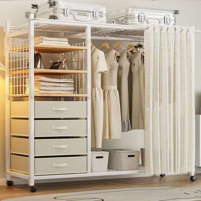시스슈 강철 철제 이동식 시스템행거 옷장 대용량 저장용 간편한 조립 +커튼 포함, 흰색