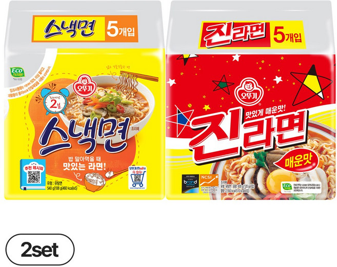 오뚜기 스낵면 108g 5입 2개 + 진라면 매운맛 120g 5입 2개, 20개