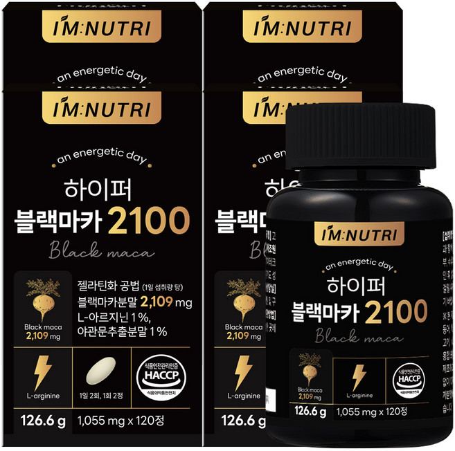 아임뉴트리 하이퍼 블랙마카 2100 젤라틴화 공법 페루 블랙마카 126.6g, 120정, 4개