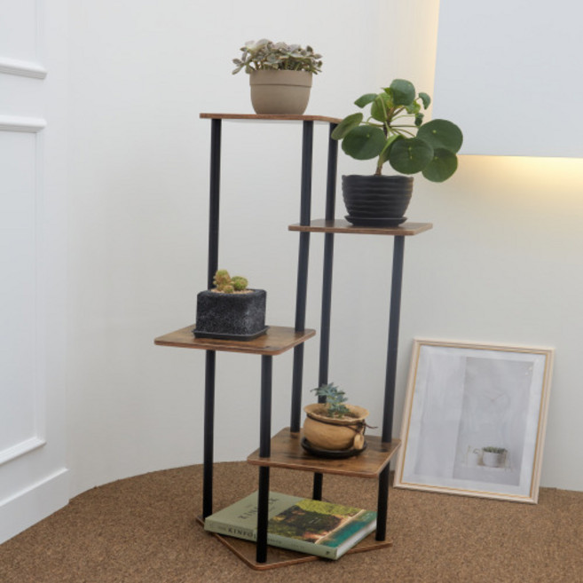코지테일러 우드스틸 원목 화분정리대 유닛 선반 B121, 5단, 블랙