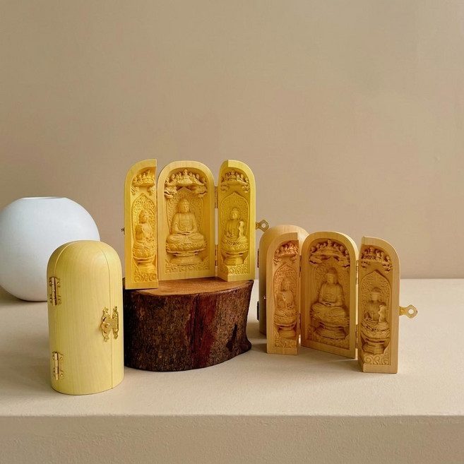 불상 관세음보살 박람회 굿즈 3면 목조 약사여래 붓다 좌불 불감] 부처님 상 석가모니 삼존불 불교 [여닫이, 상세페이지 참조