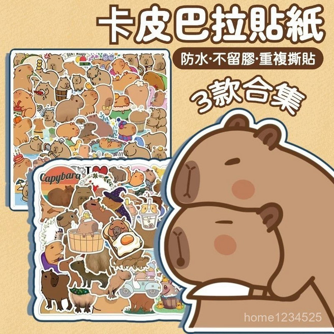 卡皮巴拉水豚手帳貼紙 防水不留膠重複撕貼, 1個