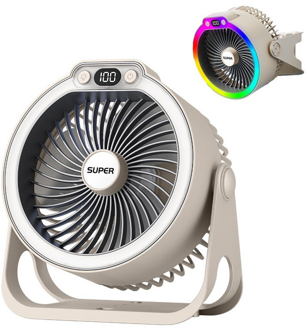 Craftsy LED 무드 조명 탁상용 선풍기 360도 상하회전 BLDC 모터 캠핑 사무실 걸이형 휴대용 무선 저소음 대용량 베터리 선풍기, 베이지, K8