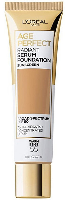 L'Oreal 파리 에이지 퍼펙트 래디언트 세럼 파운데이션 SPF 50 누드 베이지 1oz 248964, 055 웜 베이지