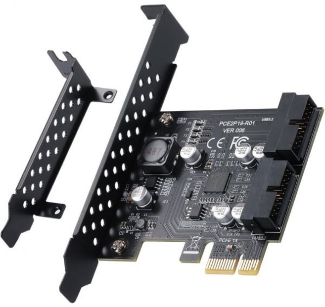 YABOANG PCI-E 내부 19핀 헤더 USB 30 확장 카드 2포트 PCIe 최대 5 Gbps 칩셋 32 GEN1 어댑터 Windows 11 10 81 8 7 XP 지원, PCI-E to Dual 19pin, 1개