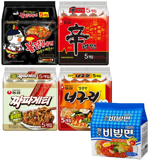 멀티세트 신라면5+너구리5+짜파게티5+불닭볶음면5+팔도비빔면5, 1세트
